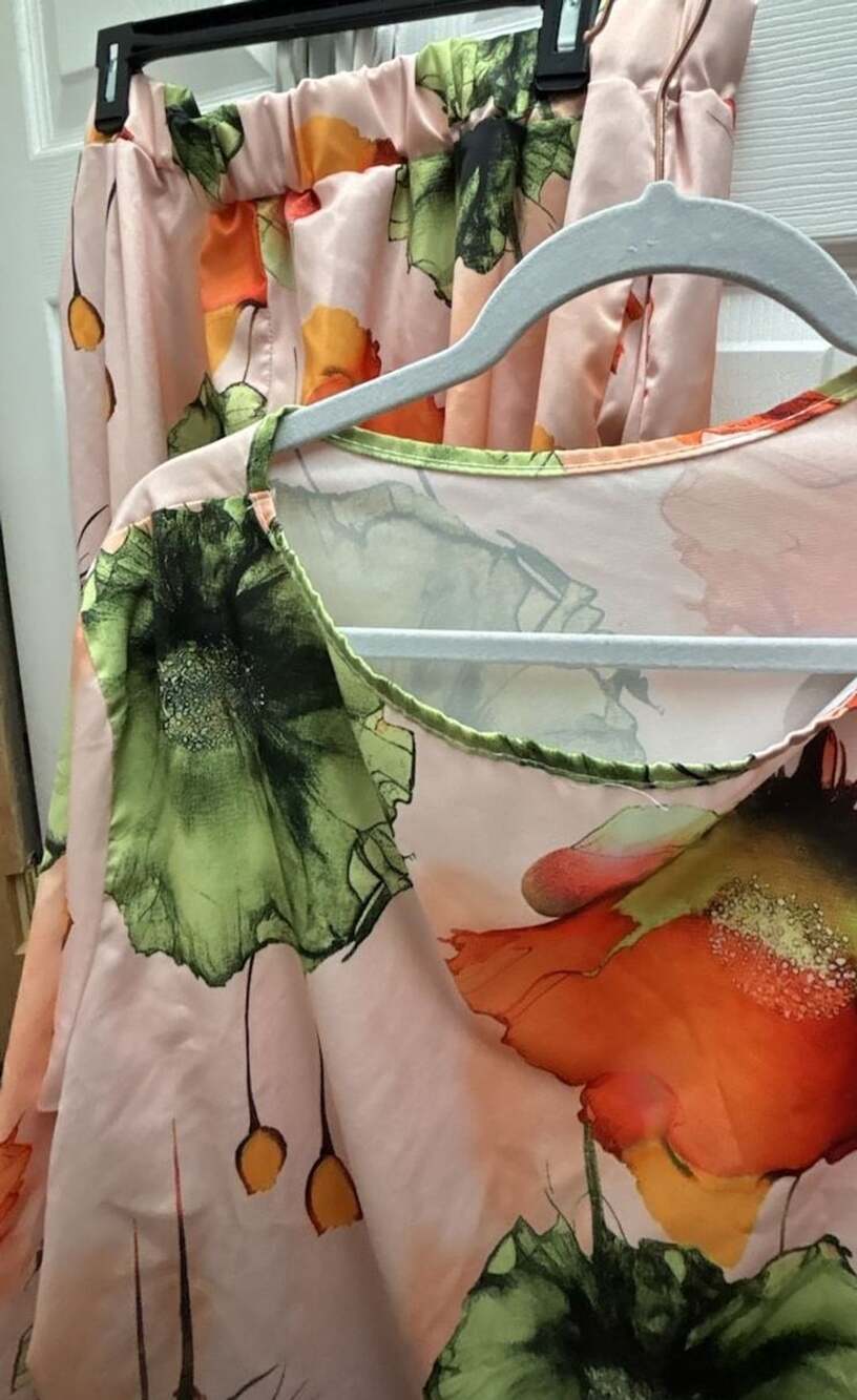 Two Piece Floral Satin Top and Pants Set Pink Orange